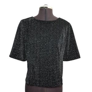 Praise Hymn Vintage Made Usa Black Silver Glitter Knit Short Sleeve Zip Blouse M